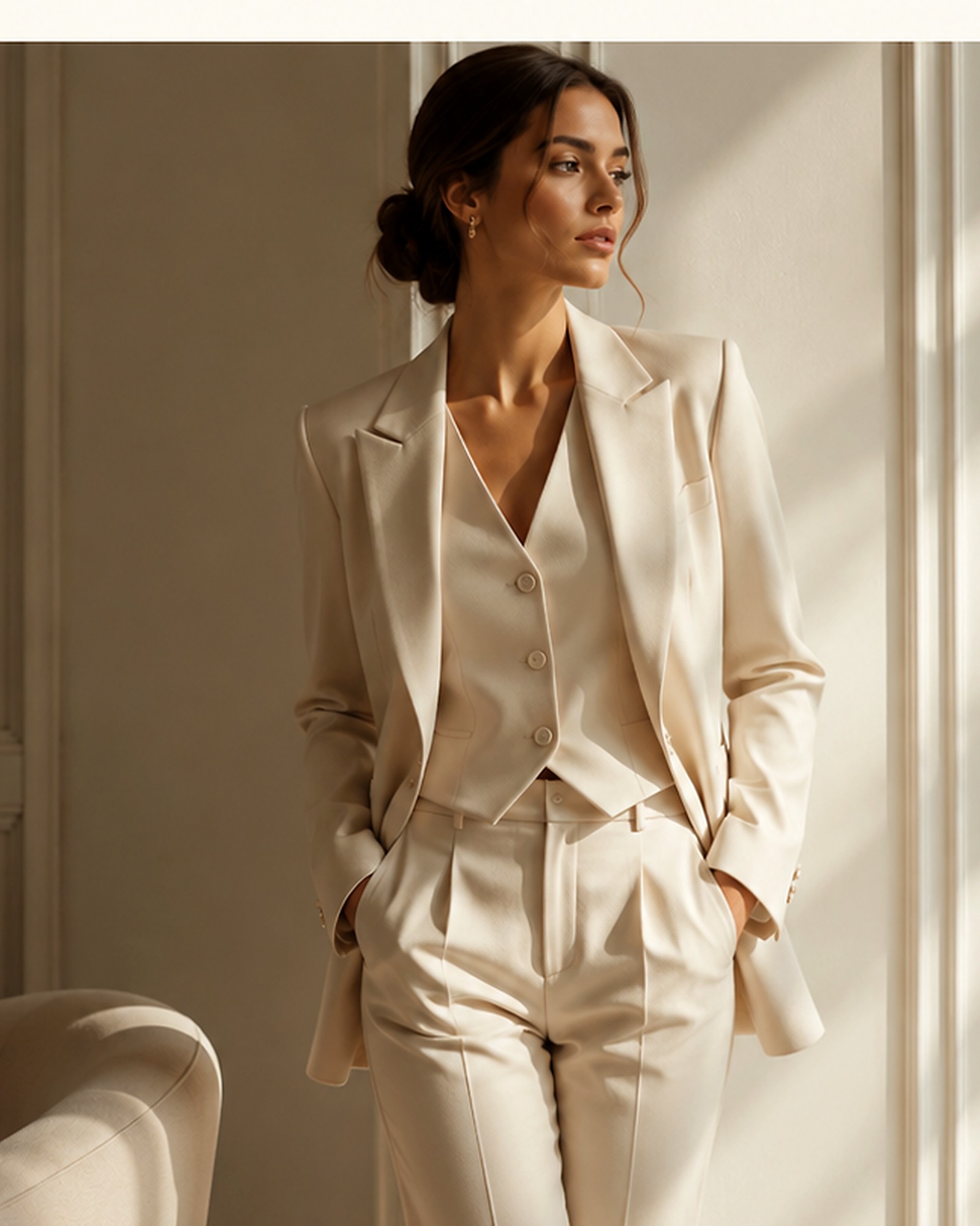 Mulher usando alfaiataria feminina Shizue em ambiente elegante